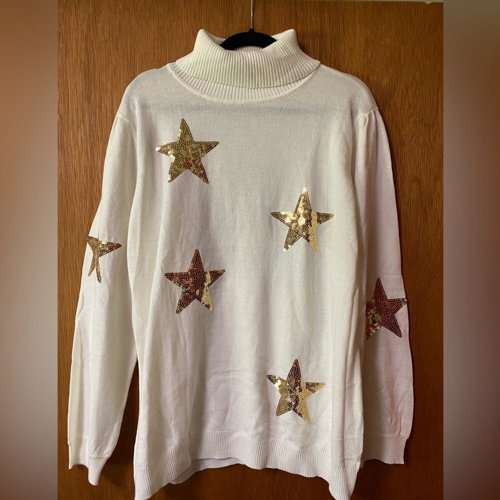 New York & Company Turtleneck Sweater with Gold Sequin Stars